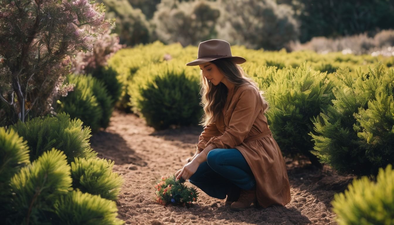 A person tending to a blooming Australian Christmas Bush in a garden.