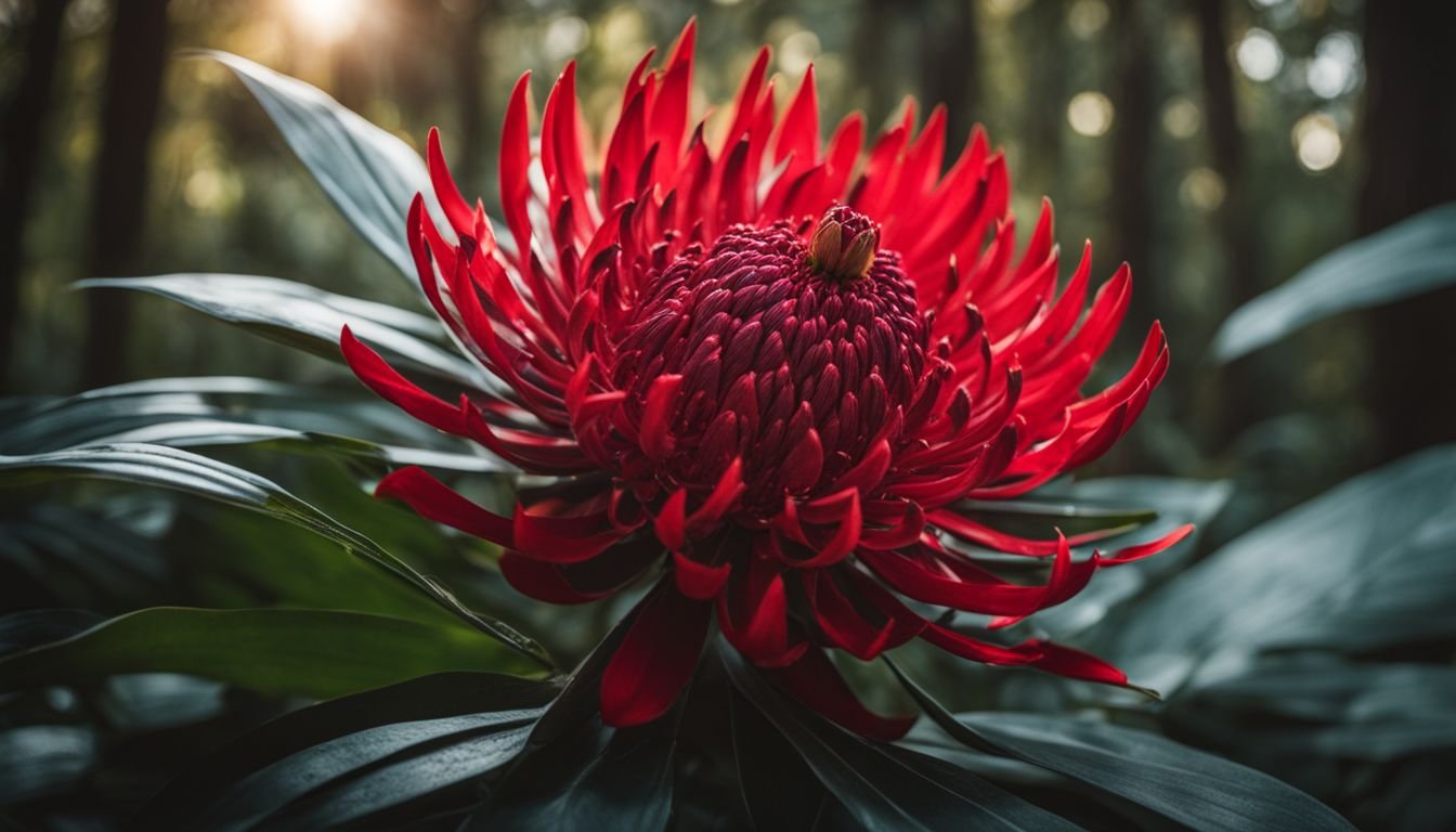 A beautiful New South Wales Waratah in a vibrant forest setting.
