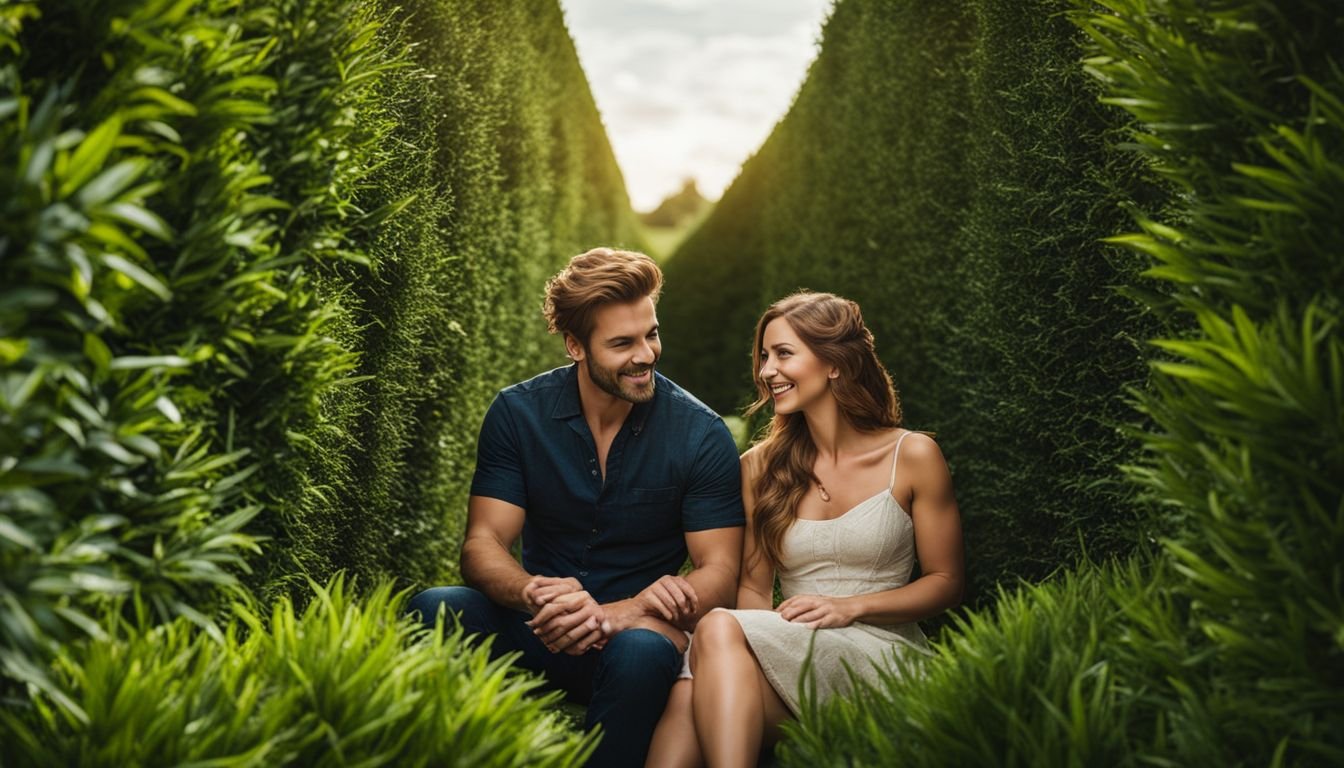 A man and a woman sitting in front of a lush hedge in a garden.