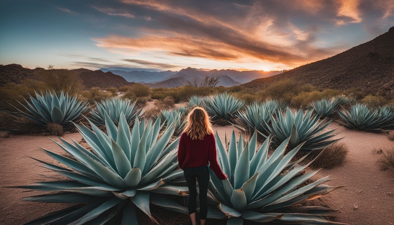 A woman admires a blooming Agave garden in the desert.