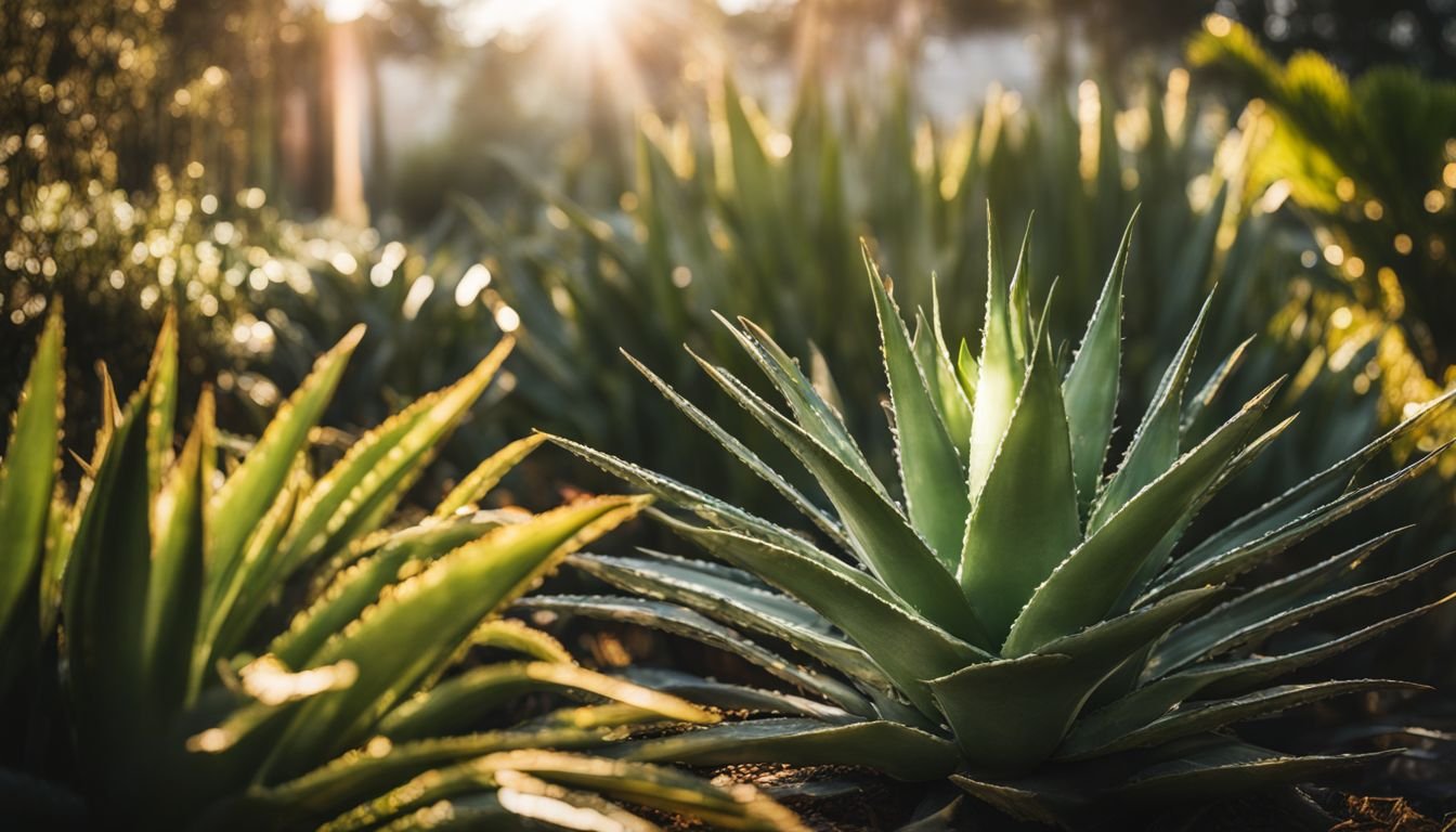 A vibrant Aloe Vera plant surrounded by greenery in a garden.