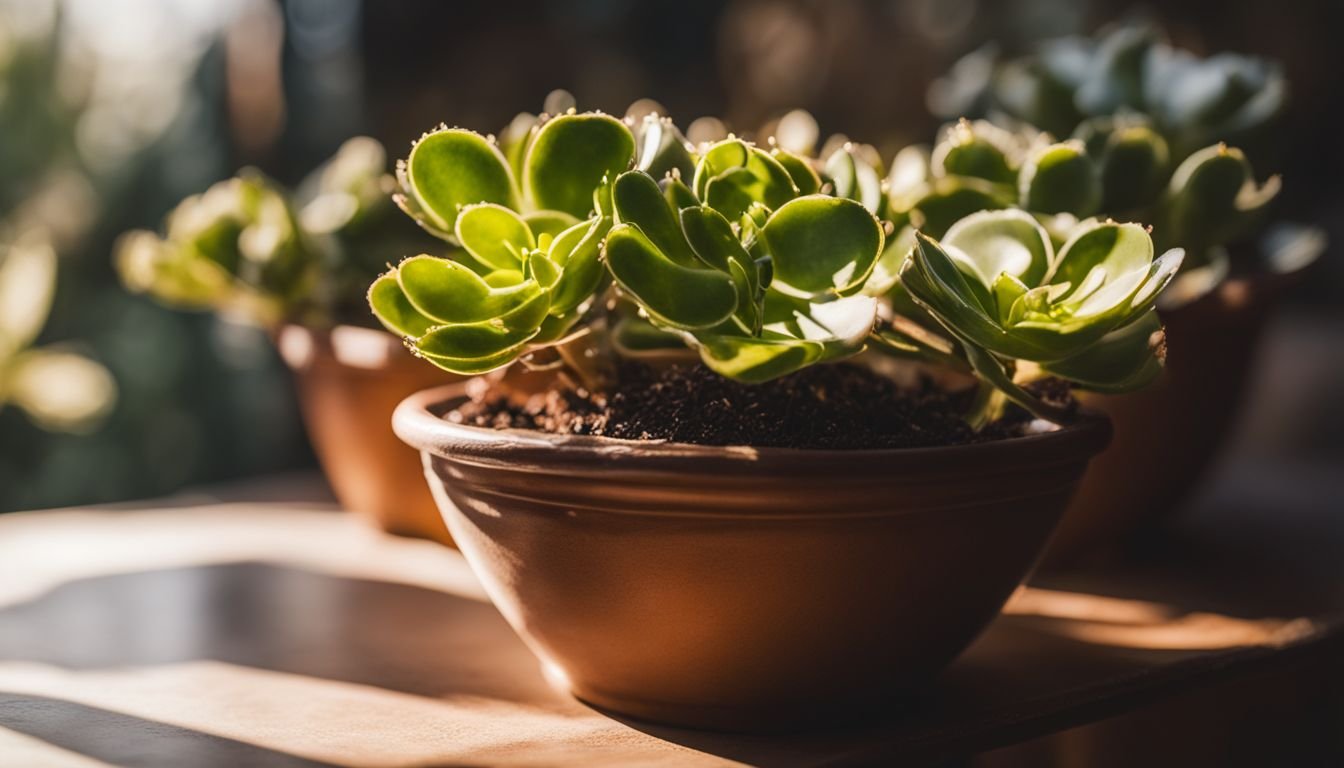 A Kalanchoe Daigremontiana plant in bright sunlight next to a water dropper.