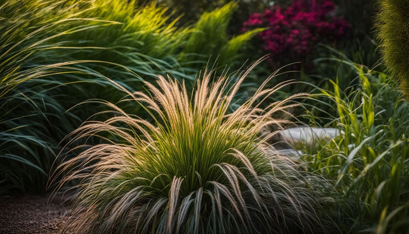 A vibrant garden with diverse plant life and Dwarf Fountain Grass.