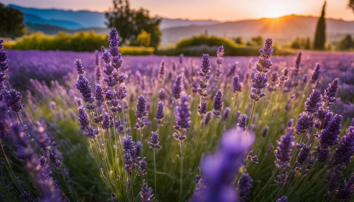 A picturesque French lavender field with a vibrant garden background.