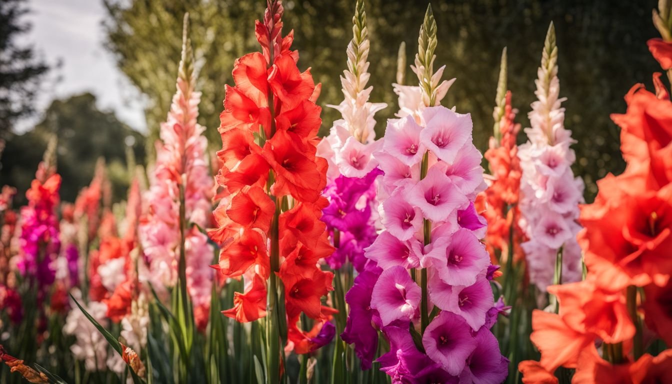 A beautiful garden of gladioli with butterflies and bees in a backyard.