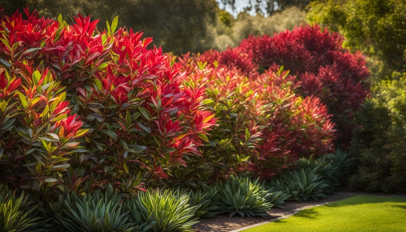 A photo of vibrant Photinia shrubs in a well-maintained Australian garden.