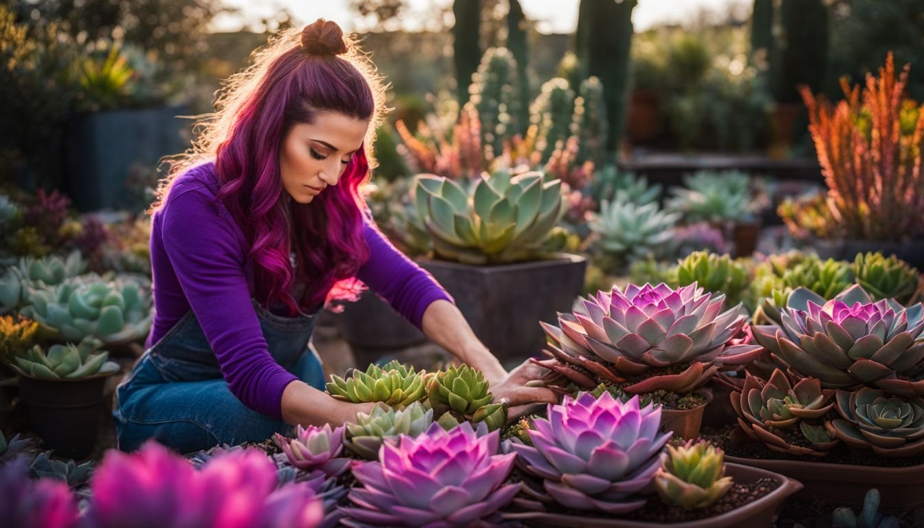 A woman caring for vibrant purple succulents in a garden.