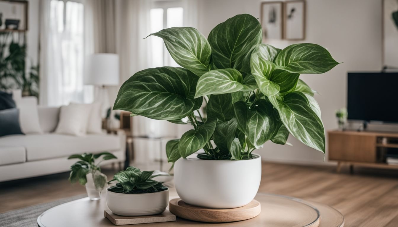 A White Syngonium plant in a modern living room with contemporary decor.