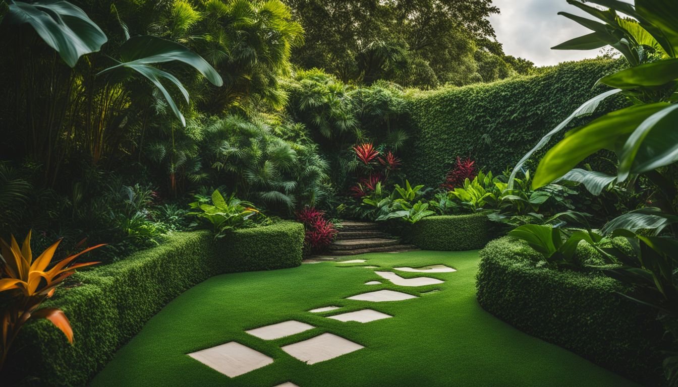 A vibrant backyard garden with diverse people and lush greenery.