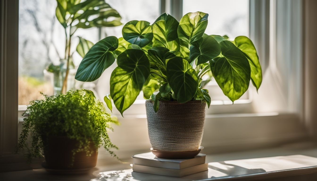 A vibrant houseplant sits on a sunlit window sill.