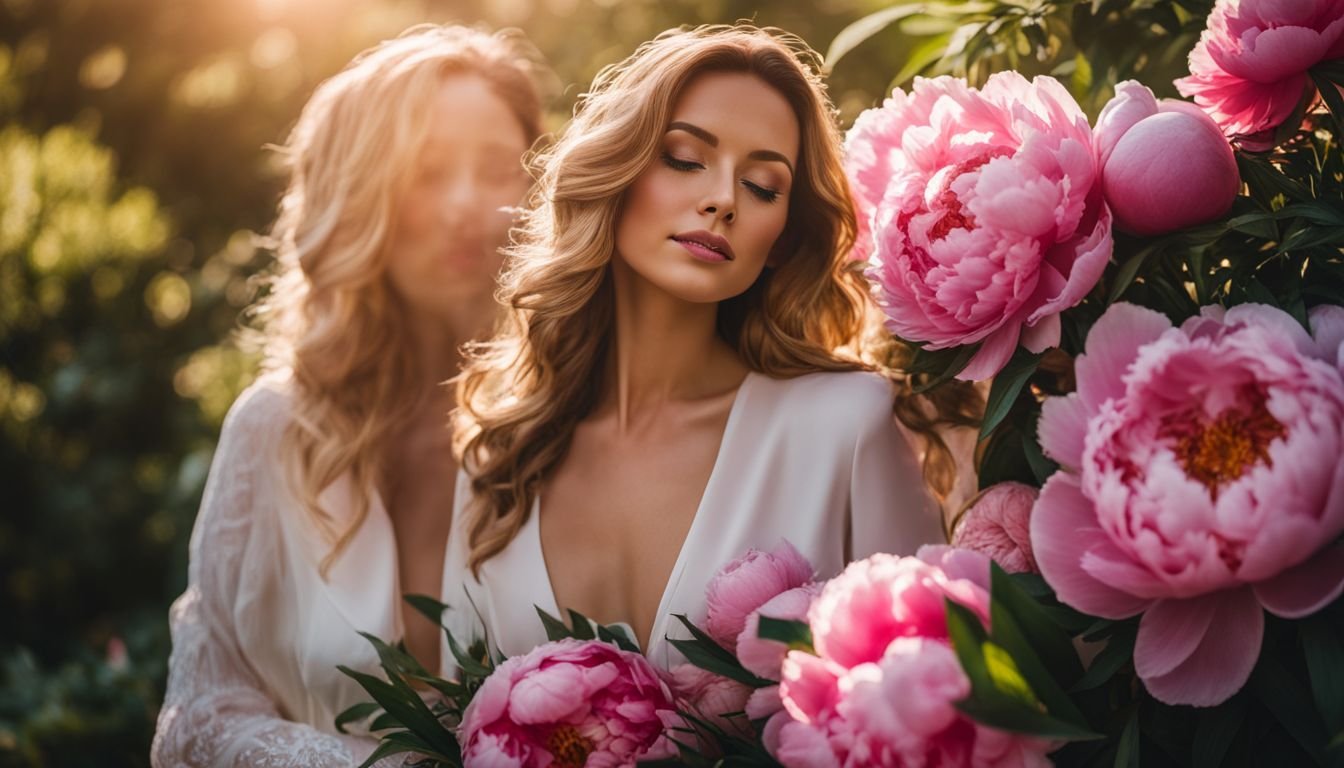 A woman poses with a peony bouquet in a sunlit garden.