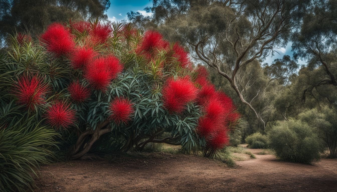 A photo of a Hakea Laurina tree with red and cream flowers.