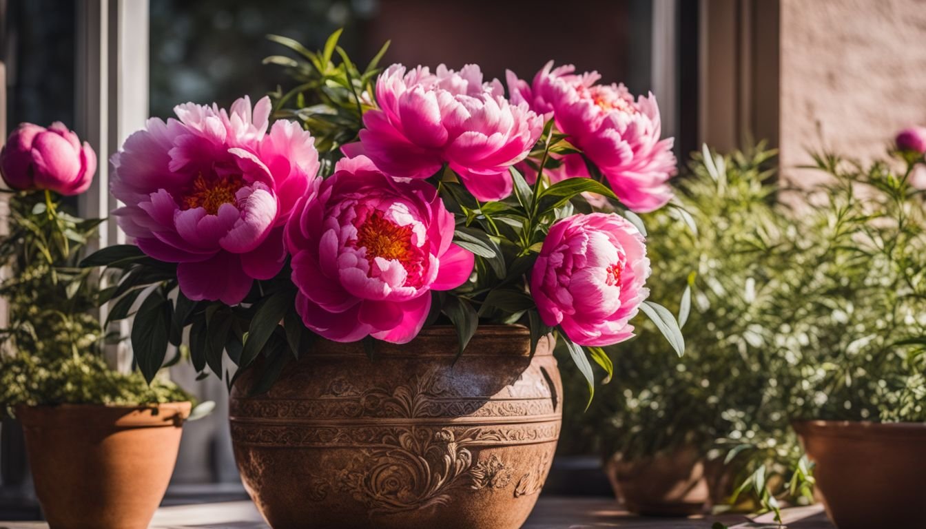 A vibrant photo of thriving peonies in decorative pots on a balcony.