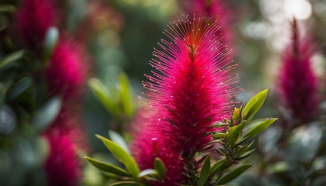 A close-up of freshly bloomed Callistemon 'Purple Cloud' in a lush garden.