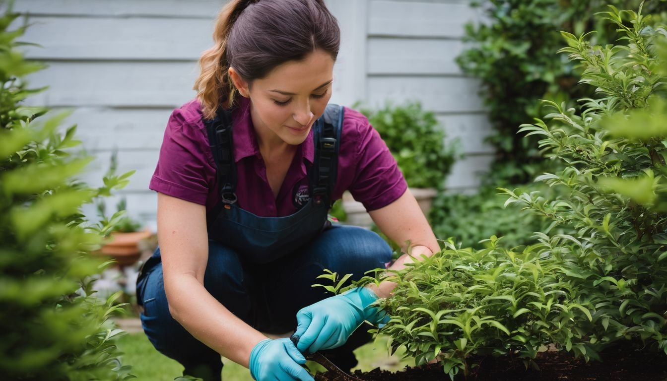 A person caring for a Loropetalum Purple Pixie shrub in a lush garden.