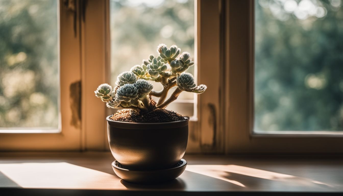 A healthy Pachyphytum Oviferum plant on a sunny windowsill.