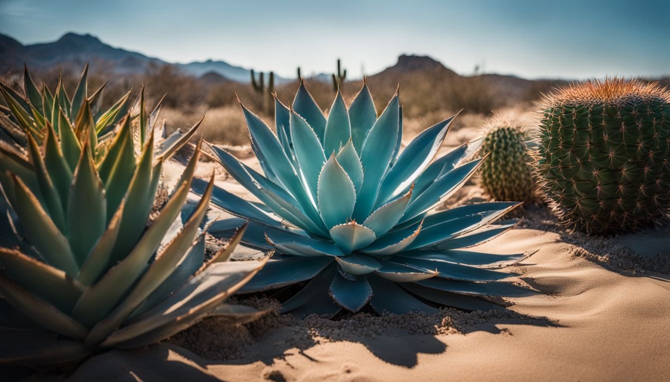 A photo of a Agave Blue Glow succulent in a desert garden.