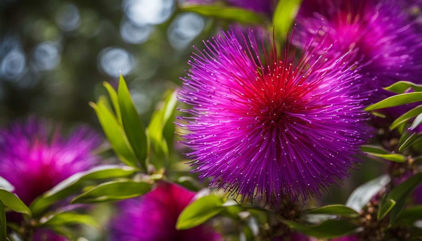 A close-up photo of vibrant purple flowers of Callistemon 'Purple Cloud'.