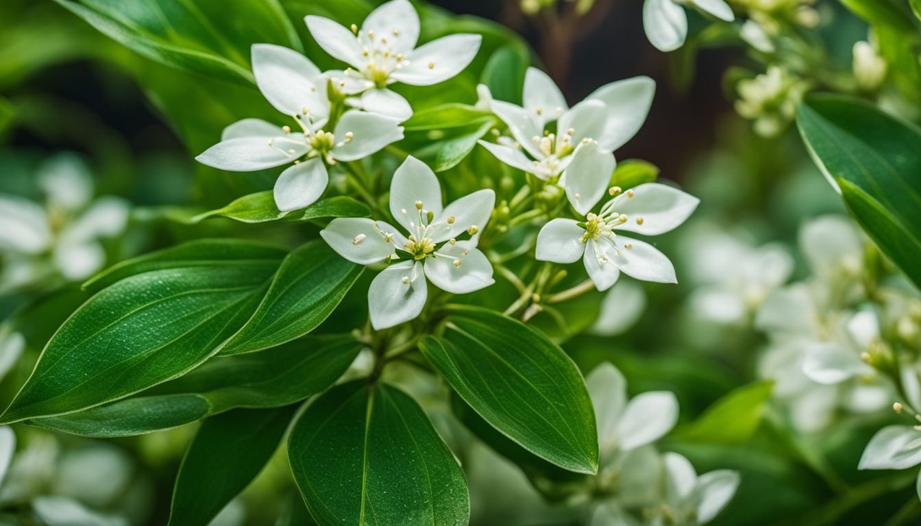 A photo of green Choisya Ternata leaves with white aromatic blooms.