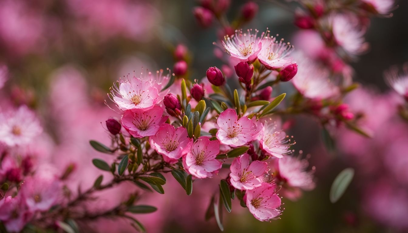 A photo of Leptospermum 'Pink Cascade' showcasing vibrant pink blooms in a garden.