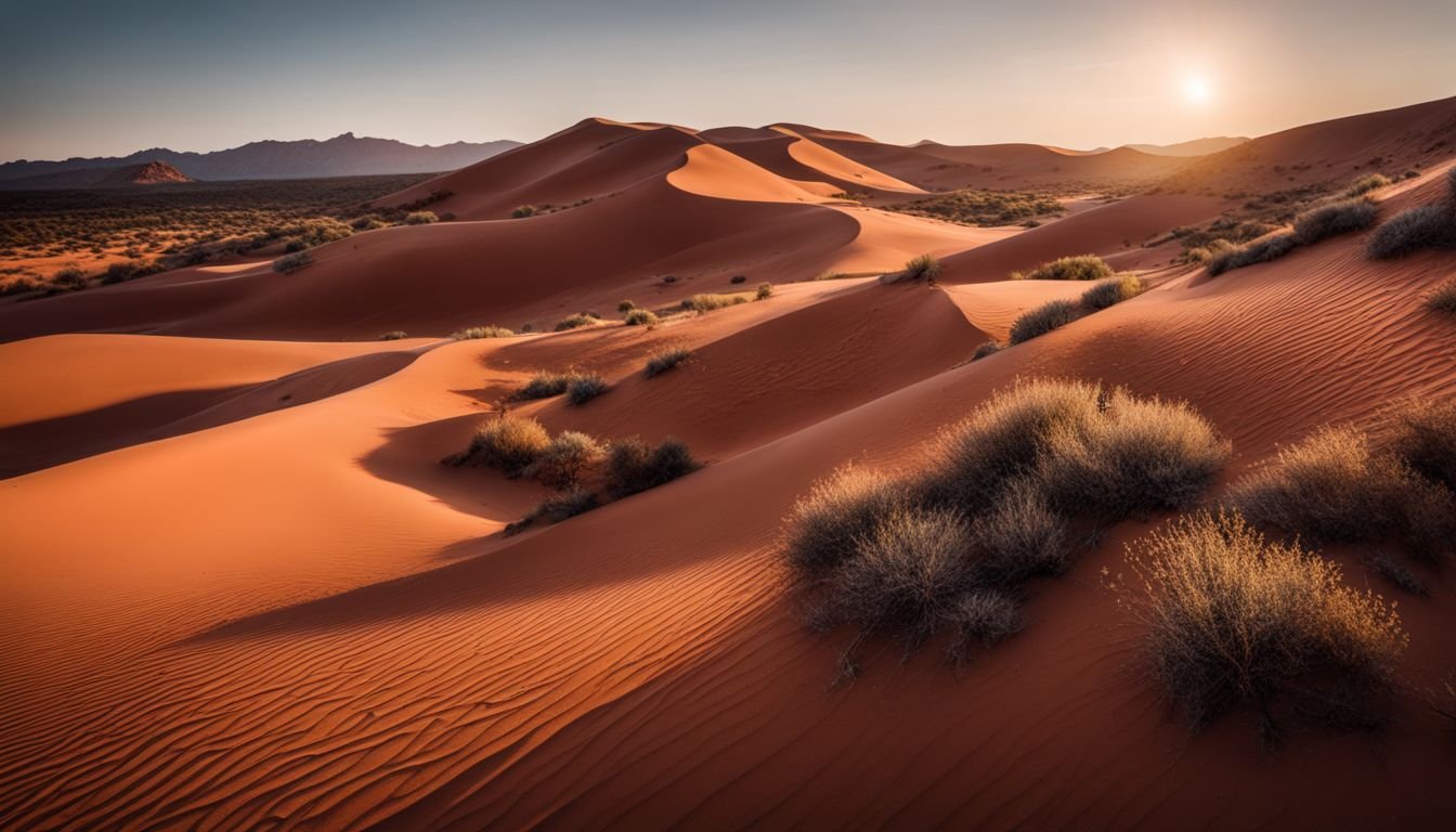 A photo of Rhagodia Parabolica bushes in a desert with red sand dunes.