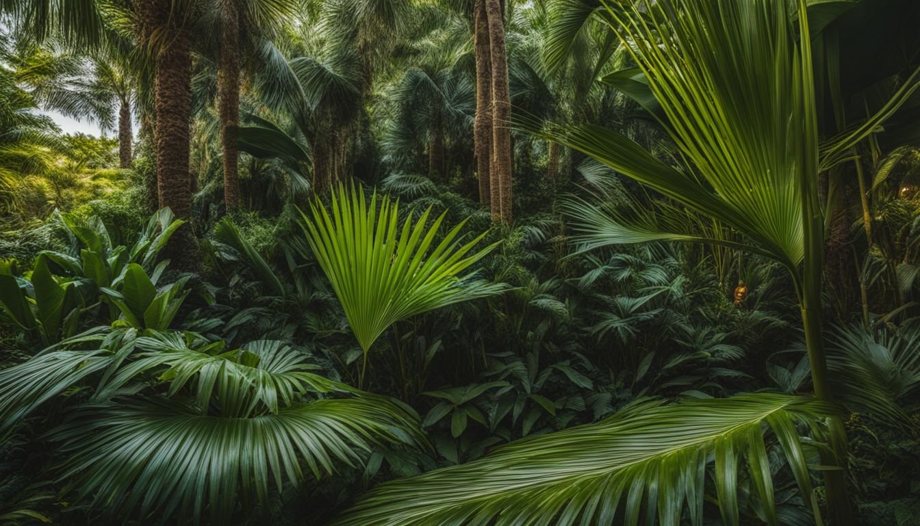 A photo of Rhapis Excelsa palms in a lush garden.