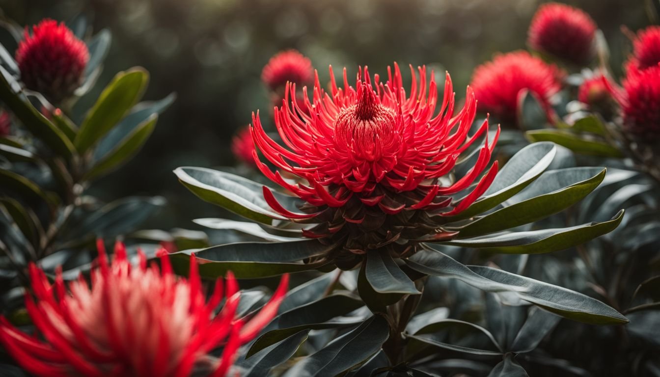 A stunning Red Waratah in full bloom among native Australian flora.