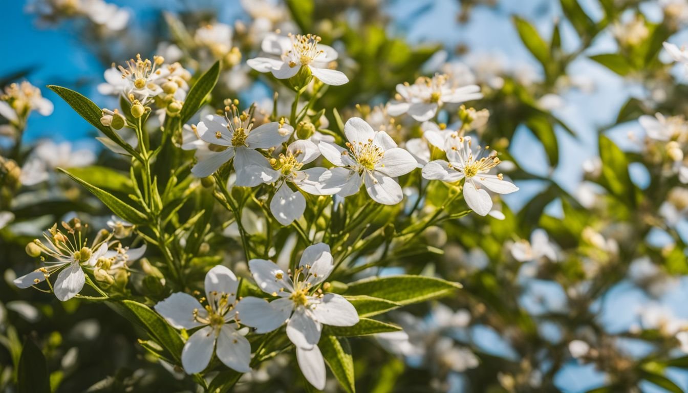 A Choisya plant surrounded by buzzing bees and butterflies in a sun-drenched garden.