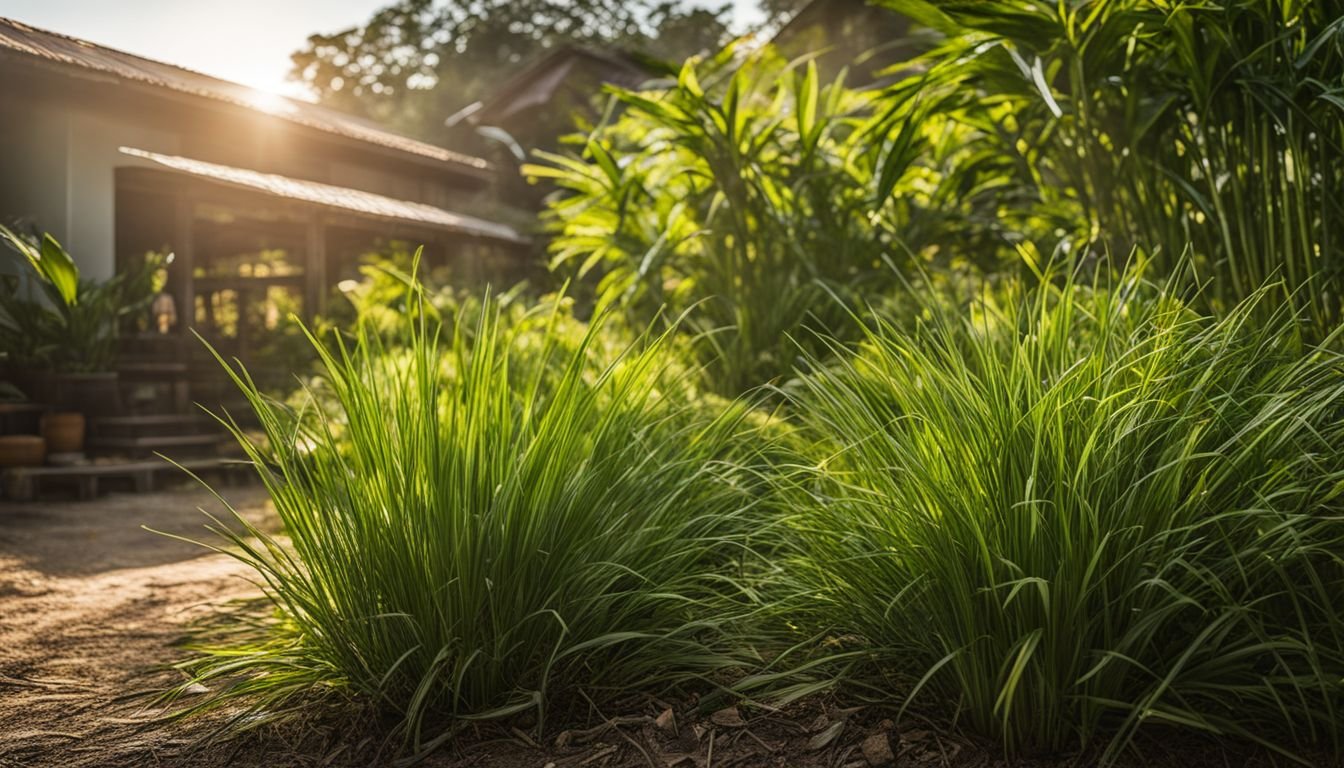 A thriving Lemongrass plant in a sunny garden.