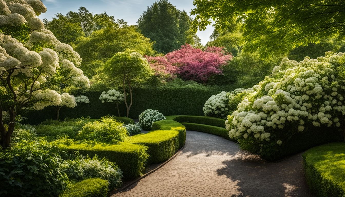 A vibrant hedge of blooming Viburnum in a well-kept garden.