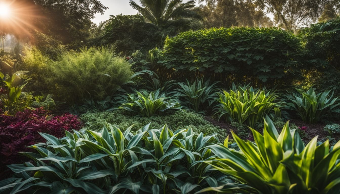 The image shows a lush garden bed with thriving Black Lily plants.