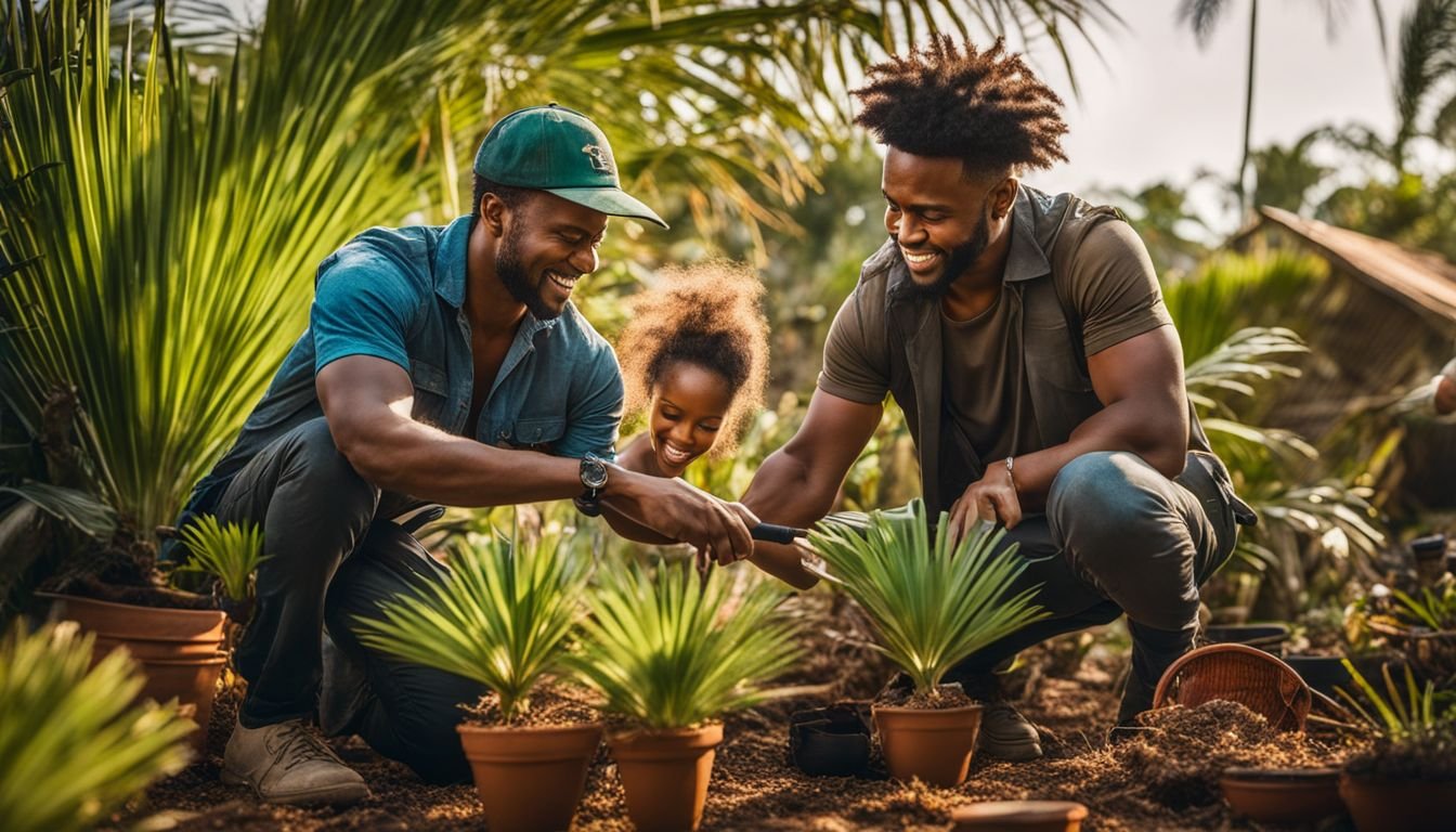 Two gardeners inspecting healthy Madagascar Palm in a bustling garden.