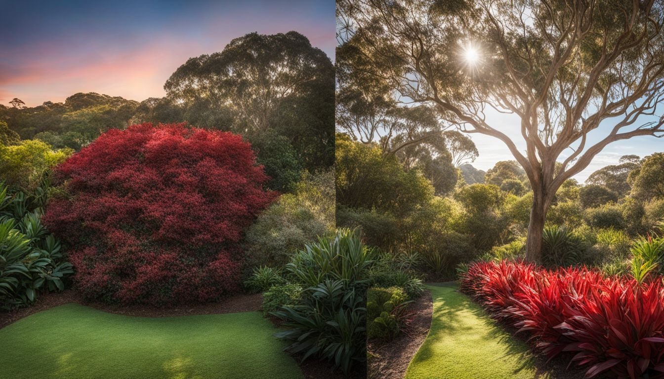 A comparison of thriving Photinia Robusta and Red Robin plants in an Australian garden.