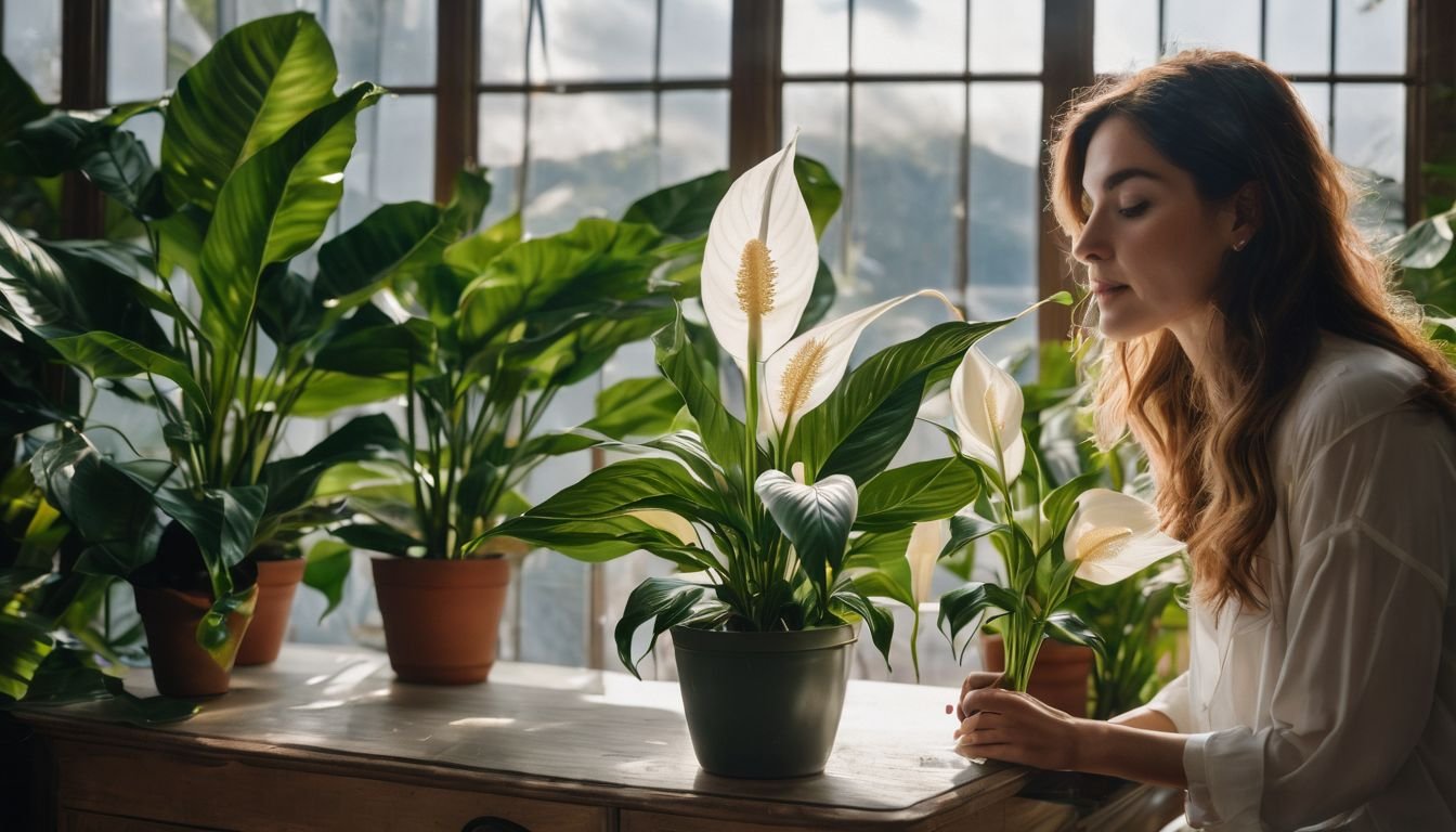 A person caring for a healthy peace lily in an indoor garden.