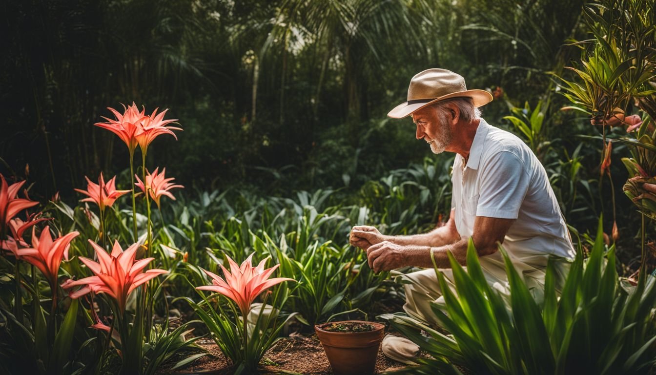 An Australian gardener tends to blooming storm lily flowers in a lush garden.