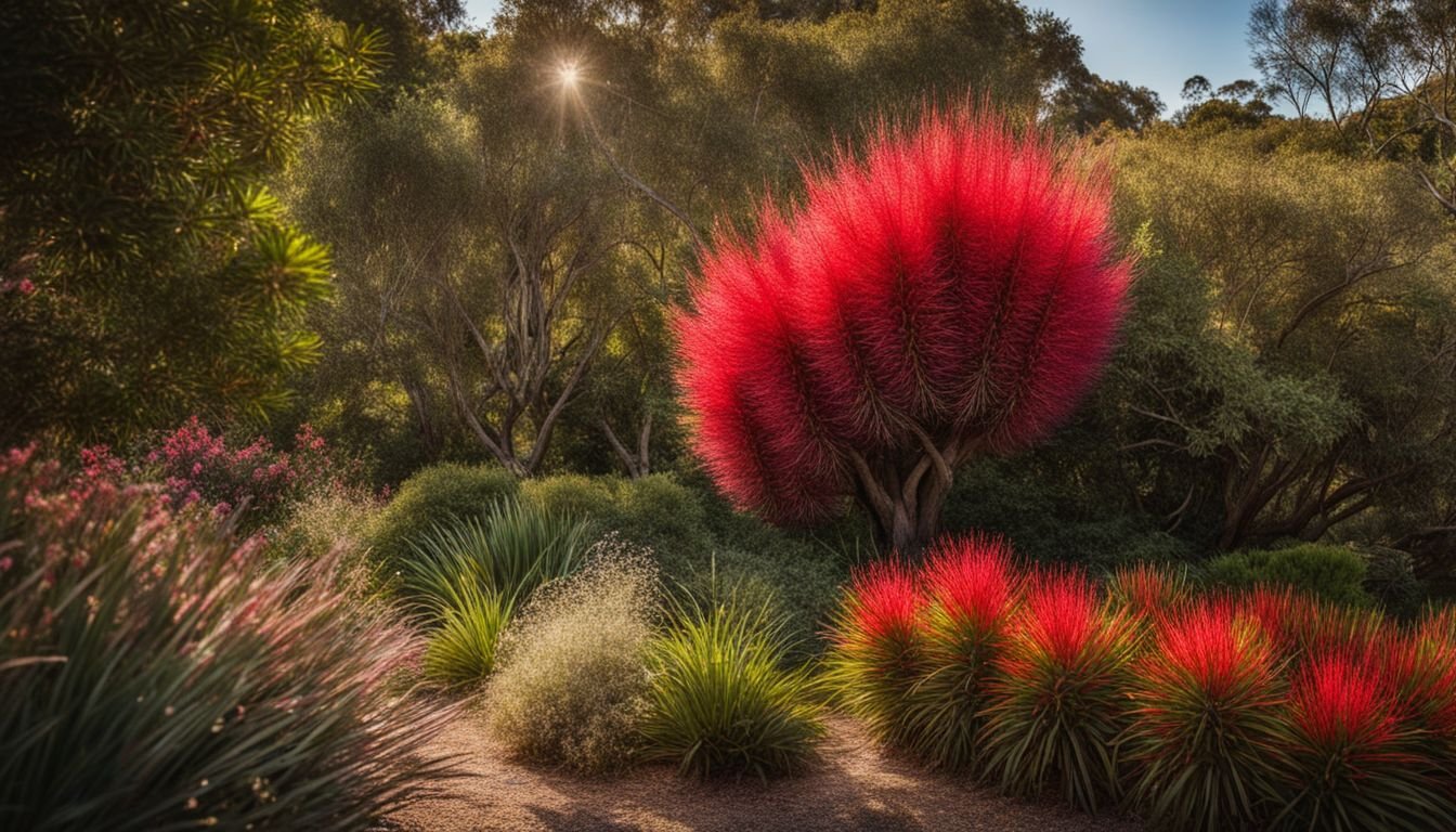 A bottlebrush tree in full bloom surrounded by a flourishing native garden.