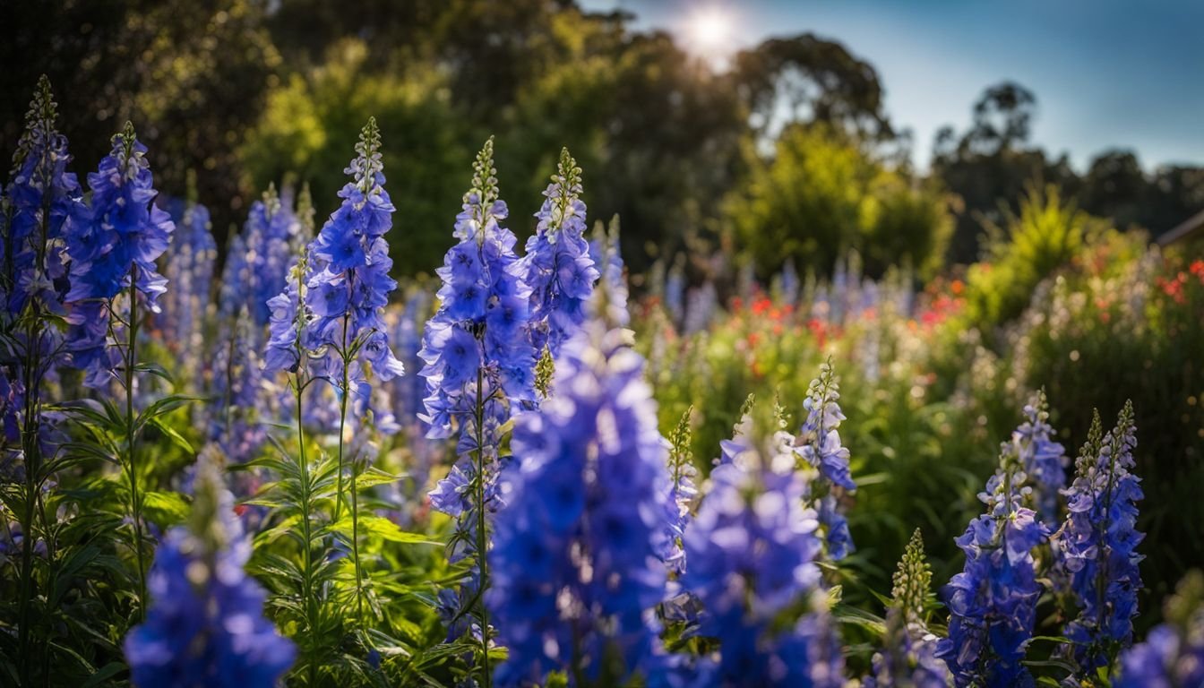 A photo of vibrant Delphinium Pacific Giants flourishing in an Australian garden.