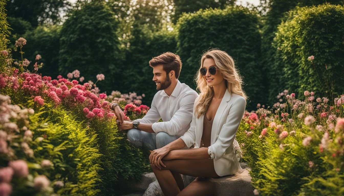 A vibrant garden hedge with diverse people in various outfits.