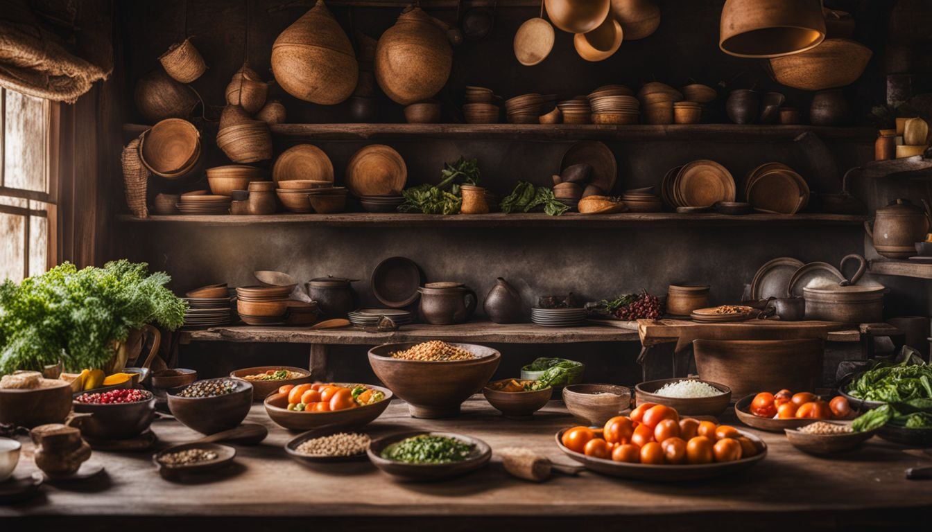 A rustic kitchen with a variety of choko dishes and fresh produce.