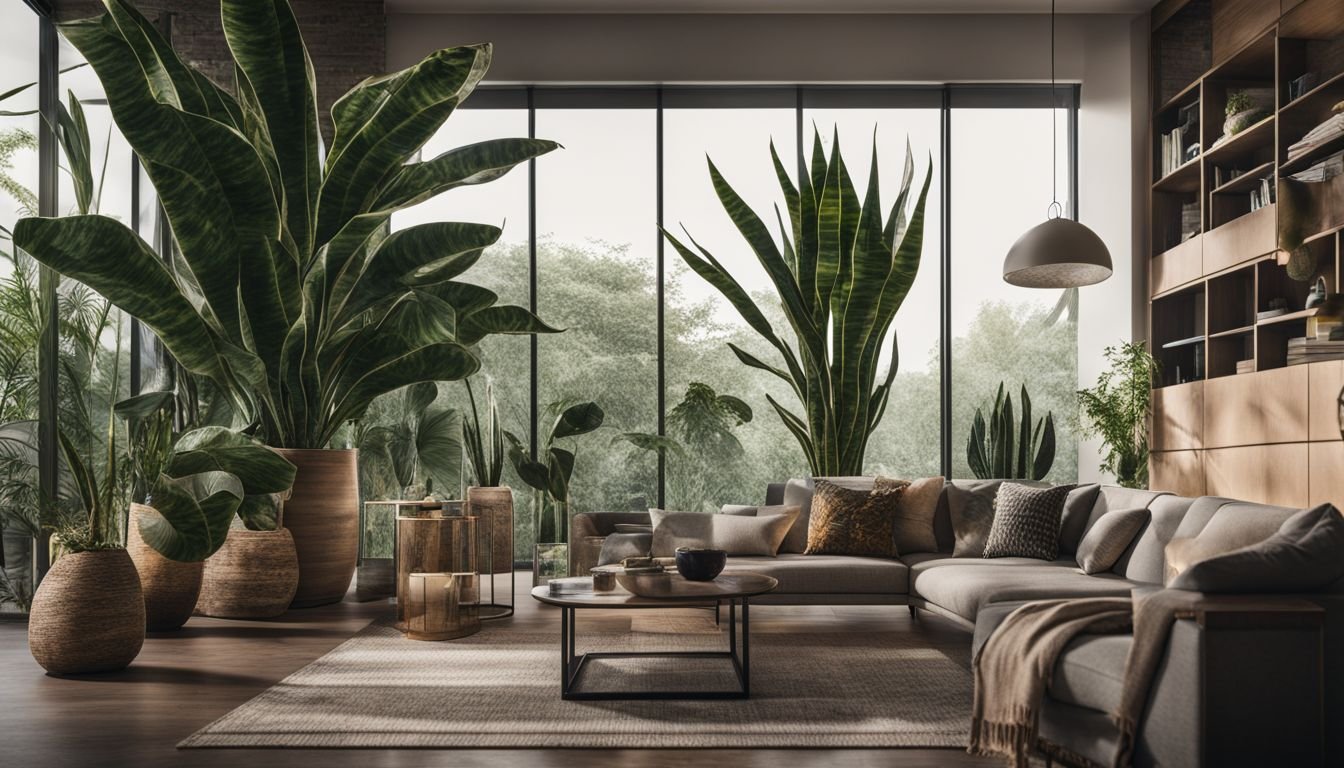 A photo of a Sansevieria Trifasciata in a modern living room.