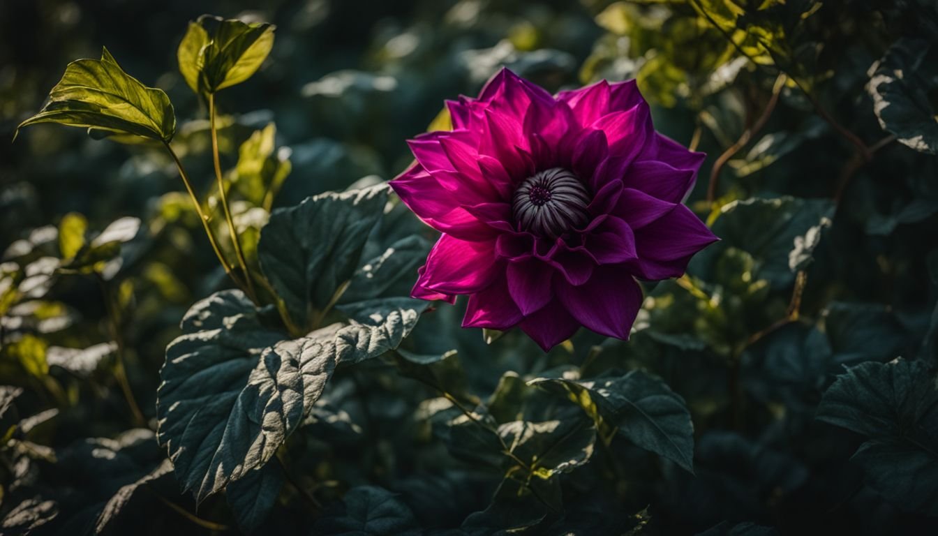A photo of The Black Dahlia in full bloom surrounded by greenery.
