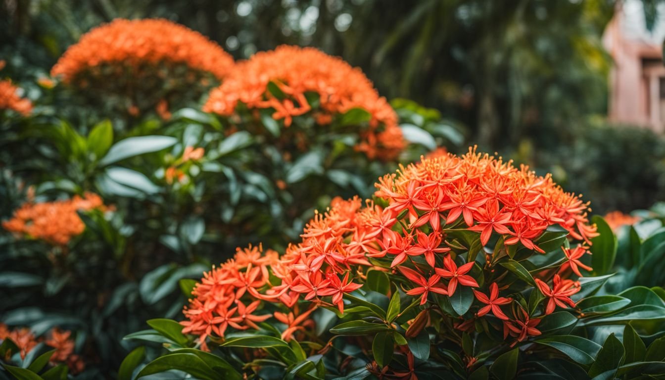 A close-up photo of blooming Ixora Gold Fire flowers in a garden.