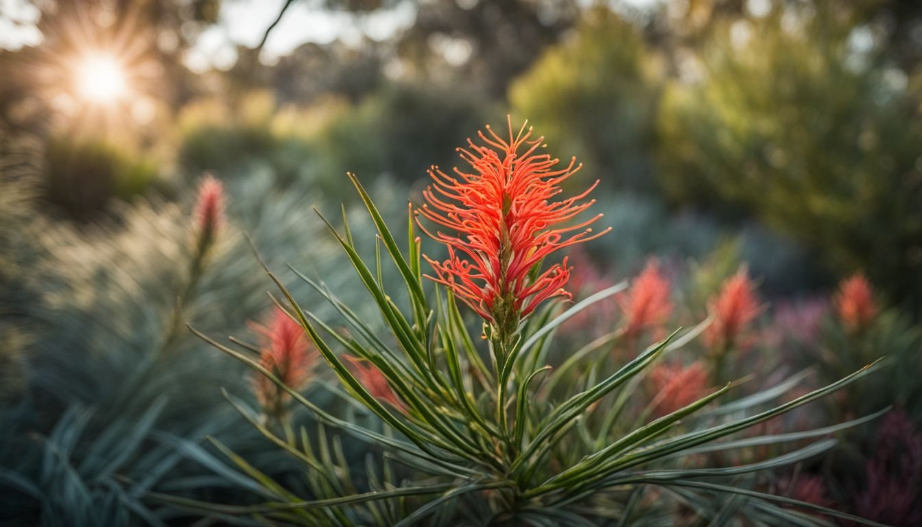 A thriving Grevillea plant surrounded by native Australian flora in a garden.