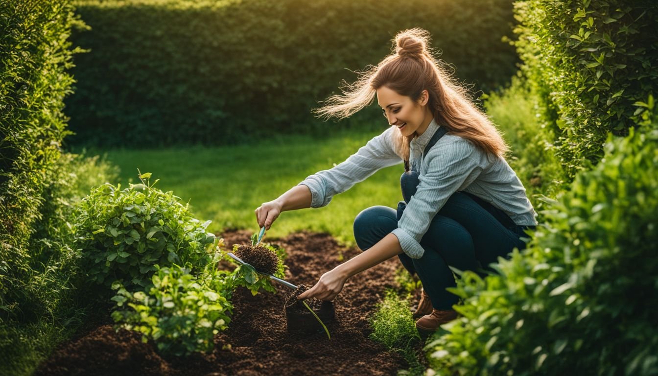 A person joyfully tending to vibrant hedge plants in a bustling atmosphere.