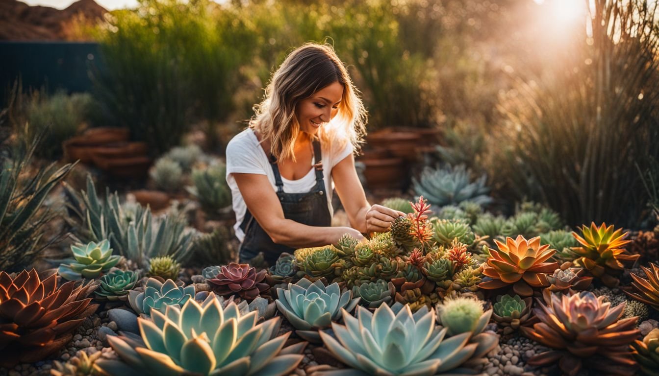 A woman caring for her lush succulent garden in the outback.
