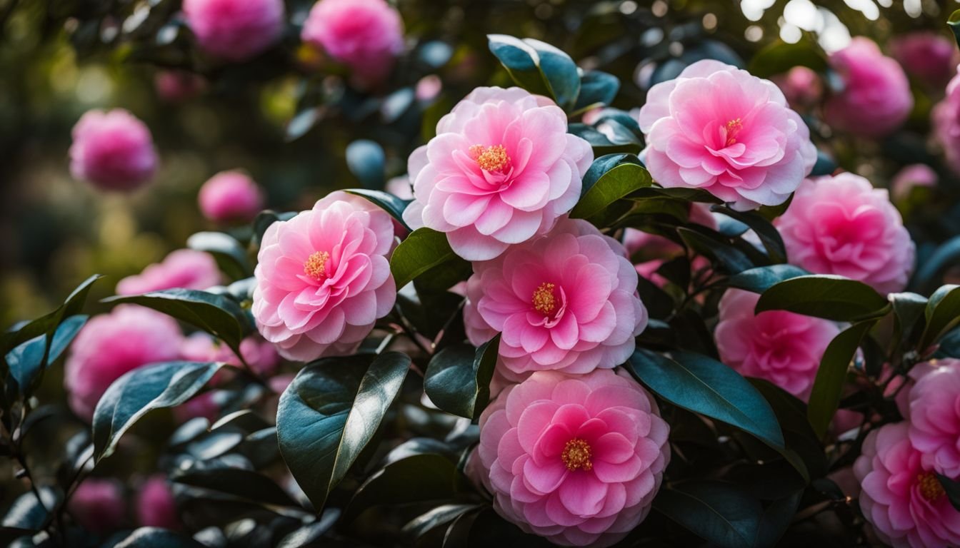 A beautiful Paradise Pearl Camellia bush in a well-kept garden.