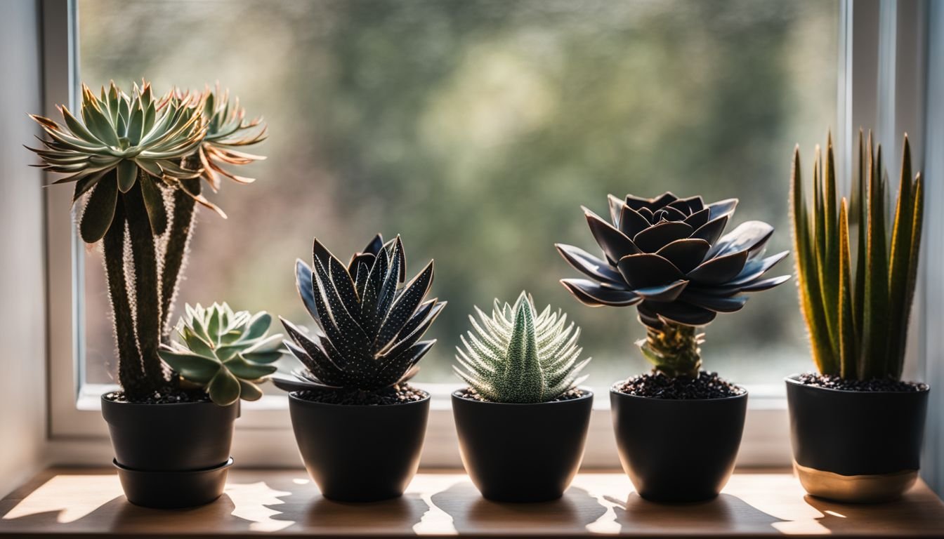A photo of diverse succulents on a bright windowsill.