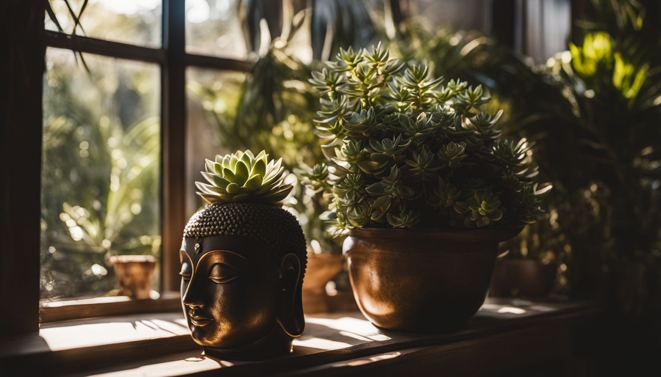 A potted succulent surrounded by native Australian plants on a windowsill.