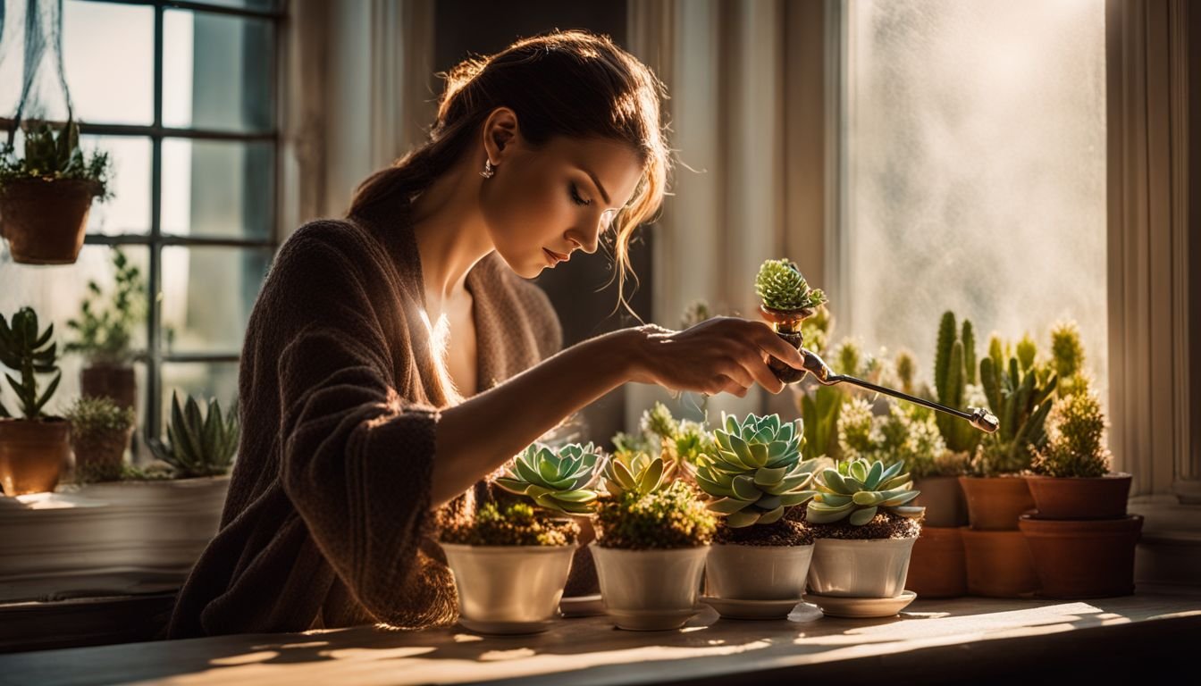 A woman caring for her candle succulents on a sunny windowsill.