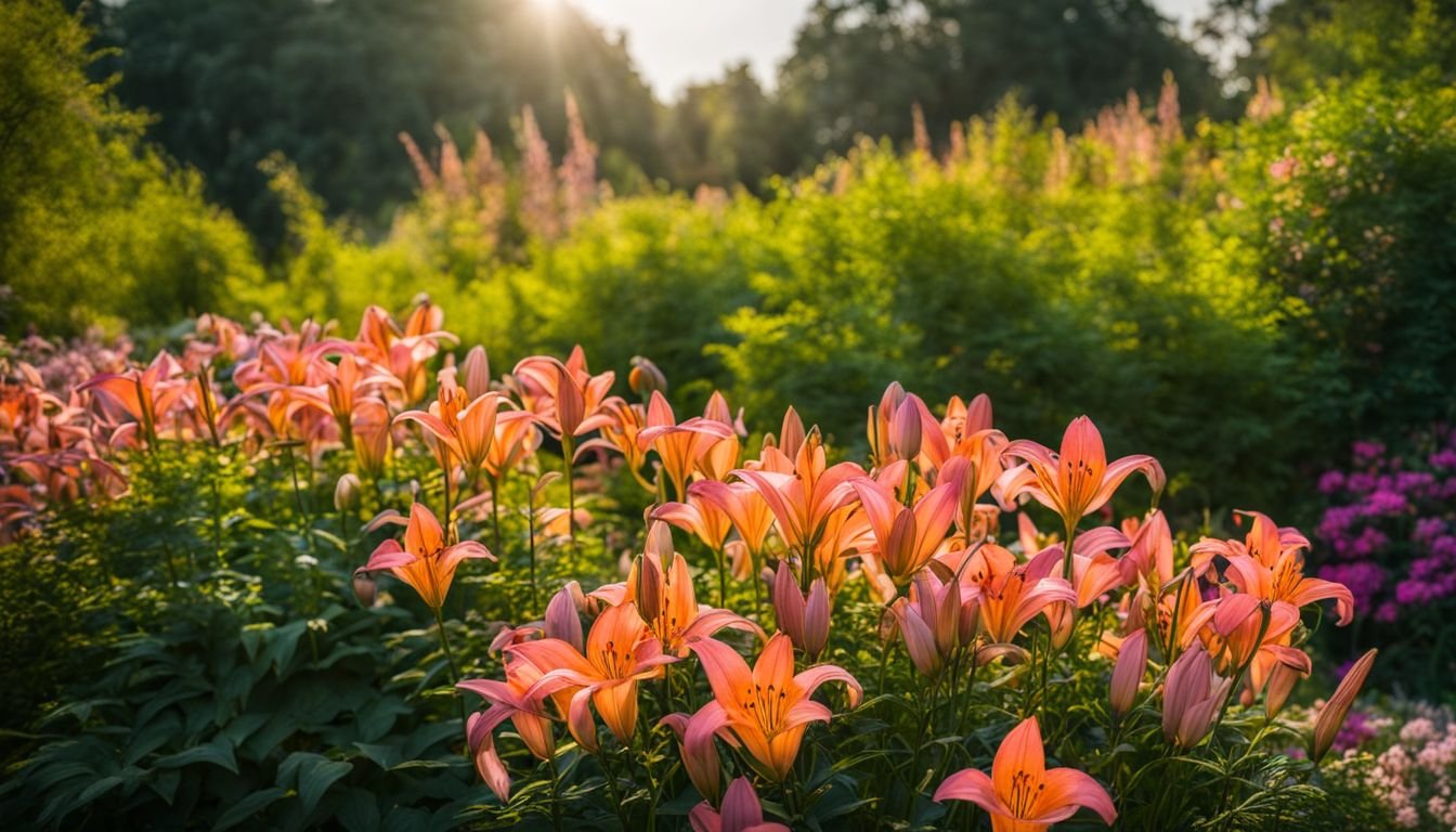 A vibrant garden with thriving lily flowers in full bloom.